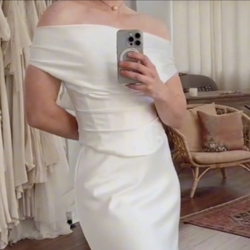 Watters 2-Piece Ivory Off-Shoulder Satin Dress - Picture 12 of 16